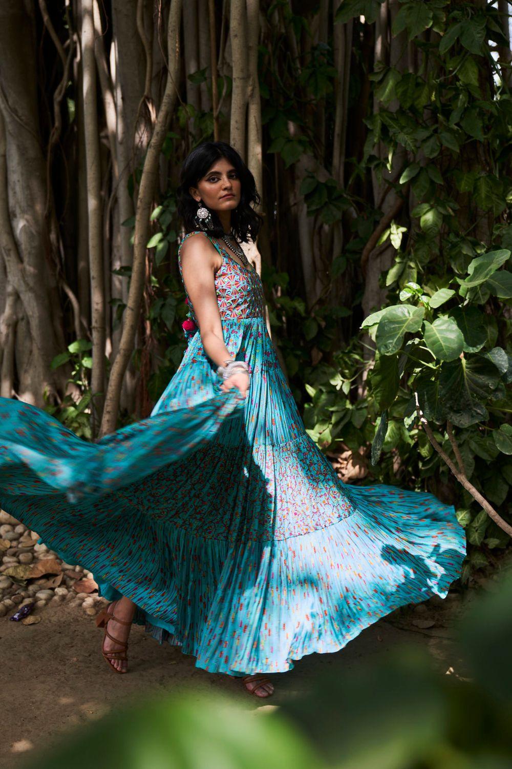 Turquoise Satin Silk Tiered Dress