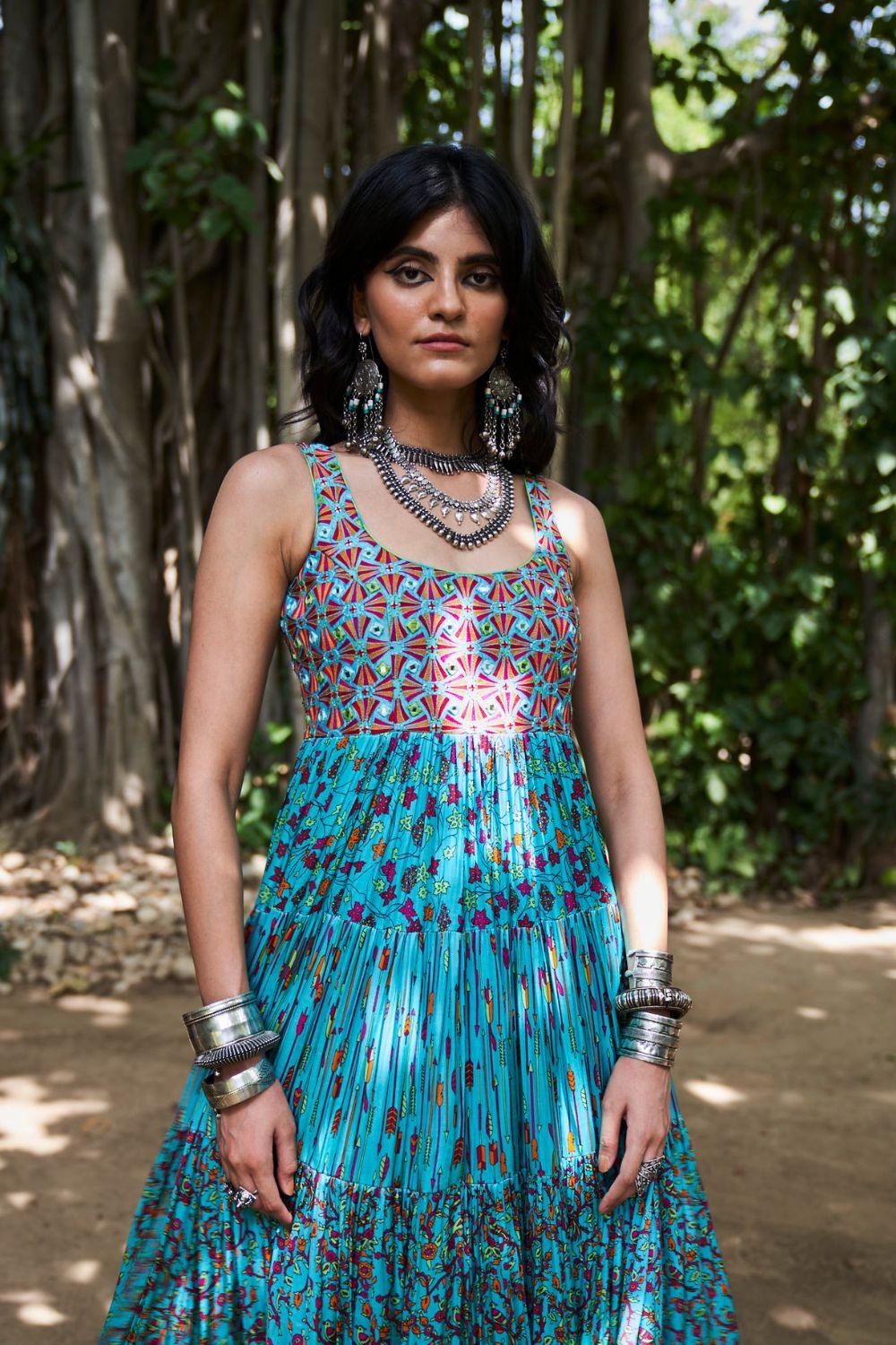 Turquoise Satin Silk Tiered Dress