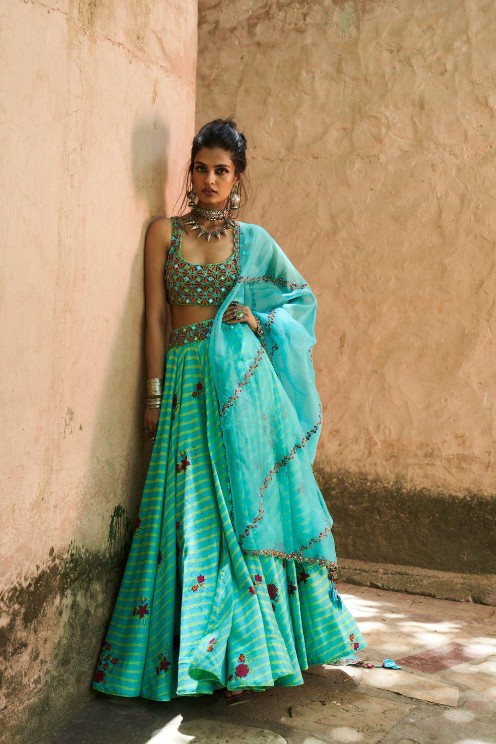 Turquoise Silk Chanderi Lehenga Set