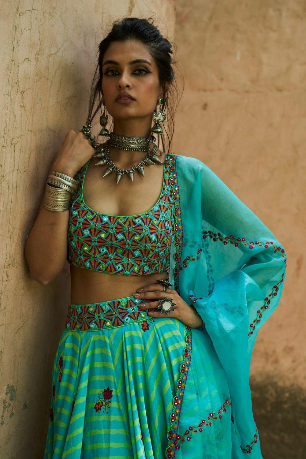 Turquoise Silk Chanderi Lehenga Set