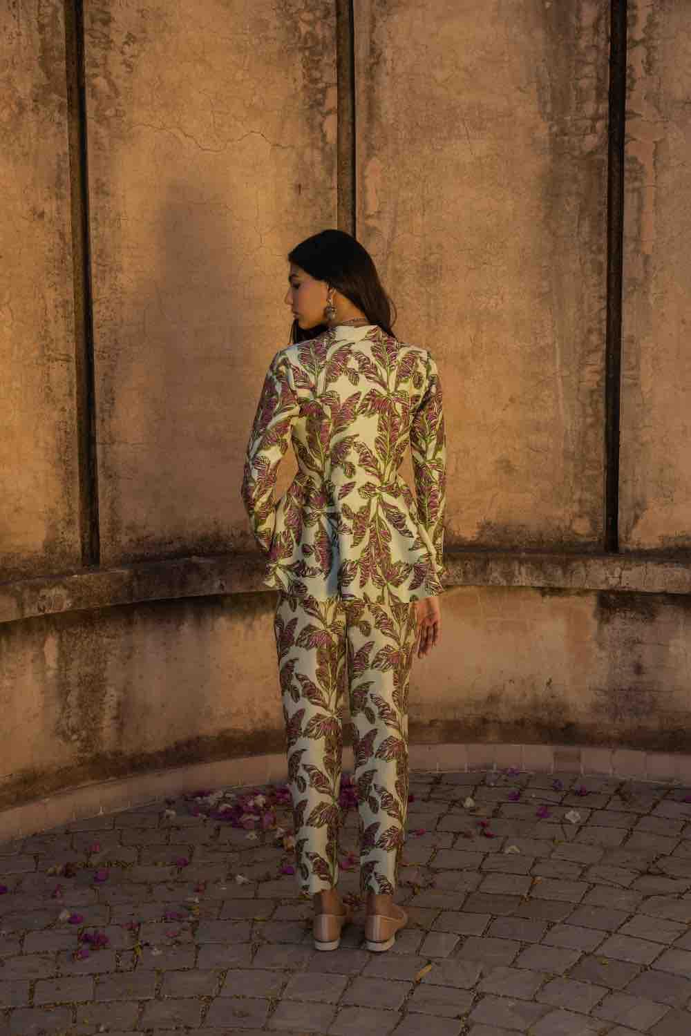 Printed Peplum Jacket And Pants With Solid Bralette