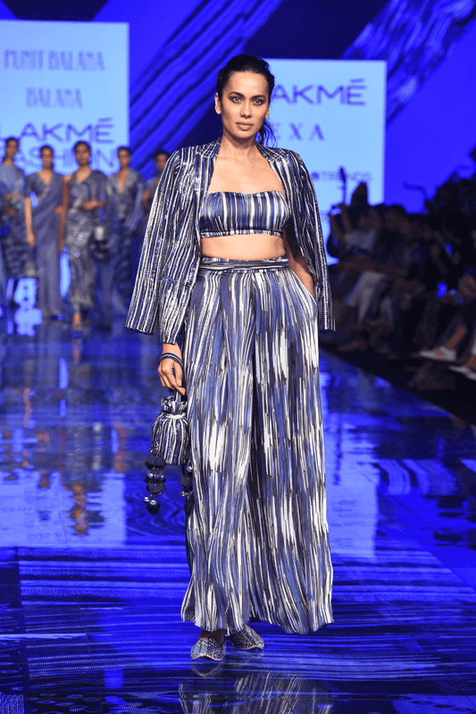 Blue Sequence Work Jacket With Bralette & Wide Legged Pants