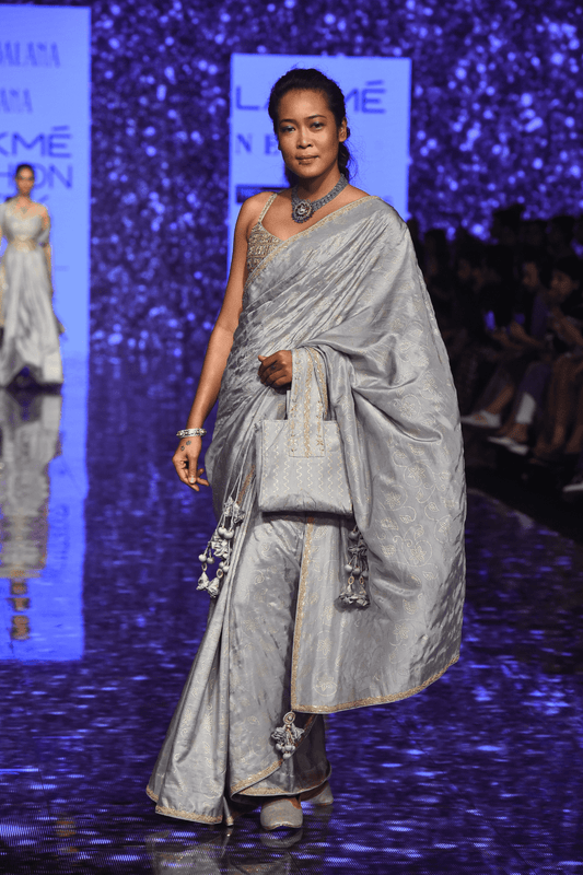 Grey Hand Work Border Silk Saree With Bralette