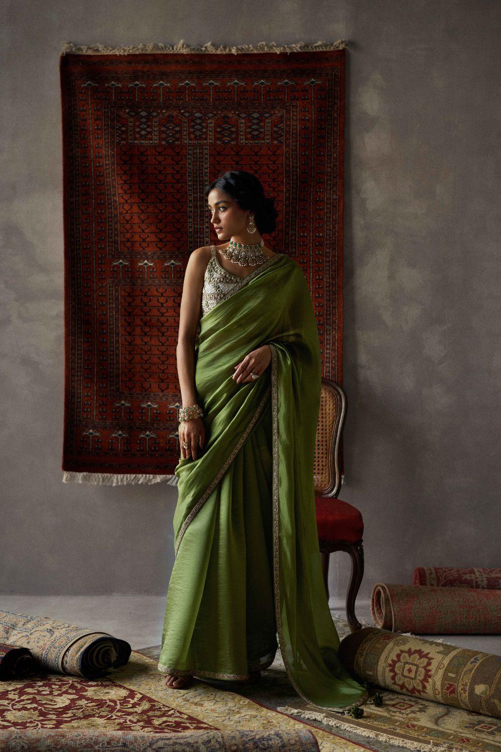 Olive Green Organza Silk Saree – Punit Balana
