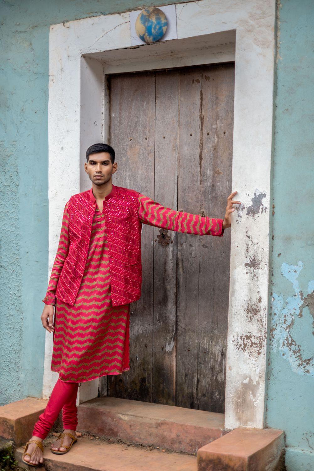 Cherry Red Kurta Churidar With Bandi