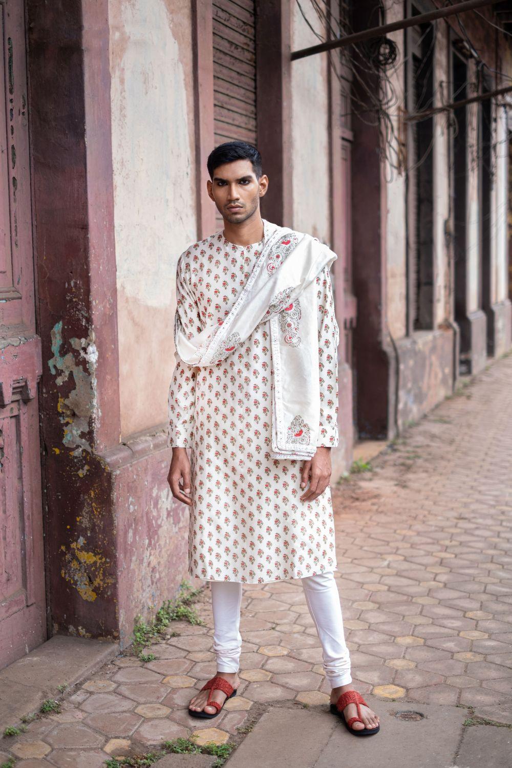 White Kurta With Churidar And Stole