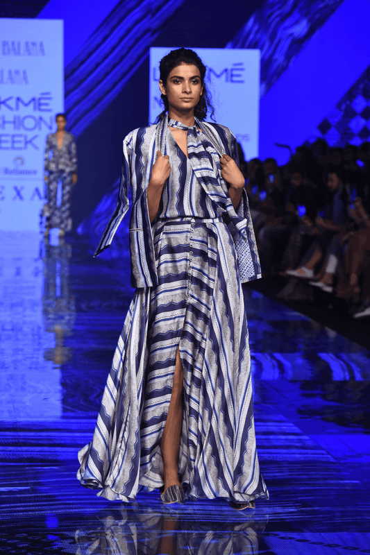 Blue V neck Deep Cut Top With Jacket & Front Slit Skirt