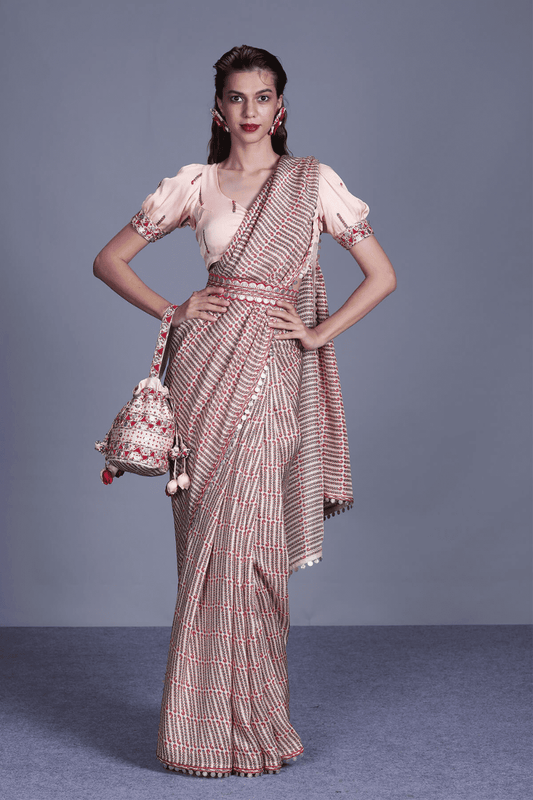 Saree Coin Work Puff Sleeve With Belt