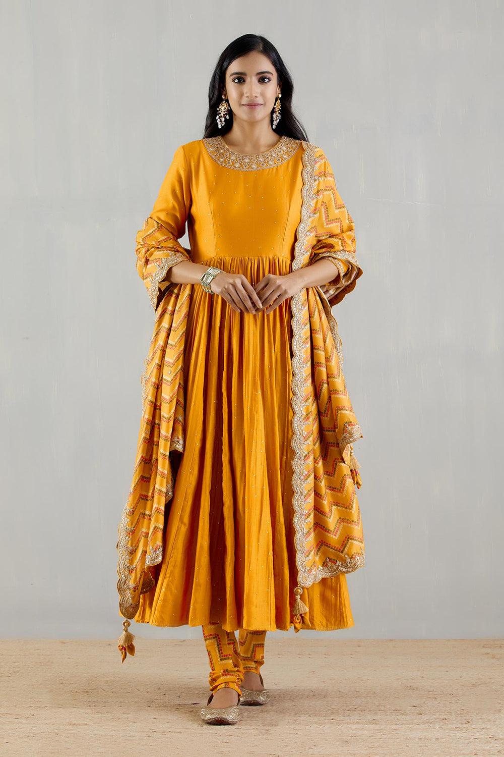 Mustard Anarakli With Printed Dupatta And Chudidar