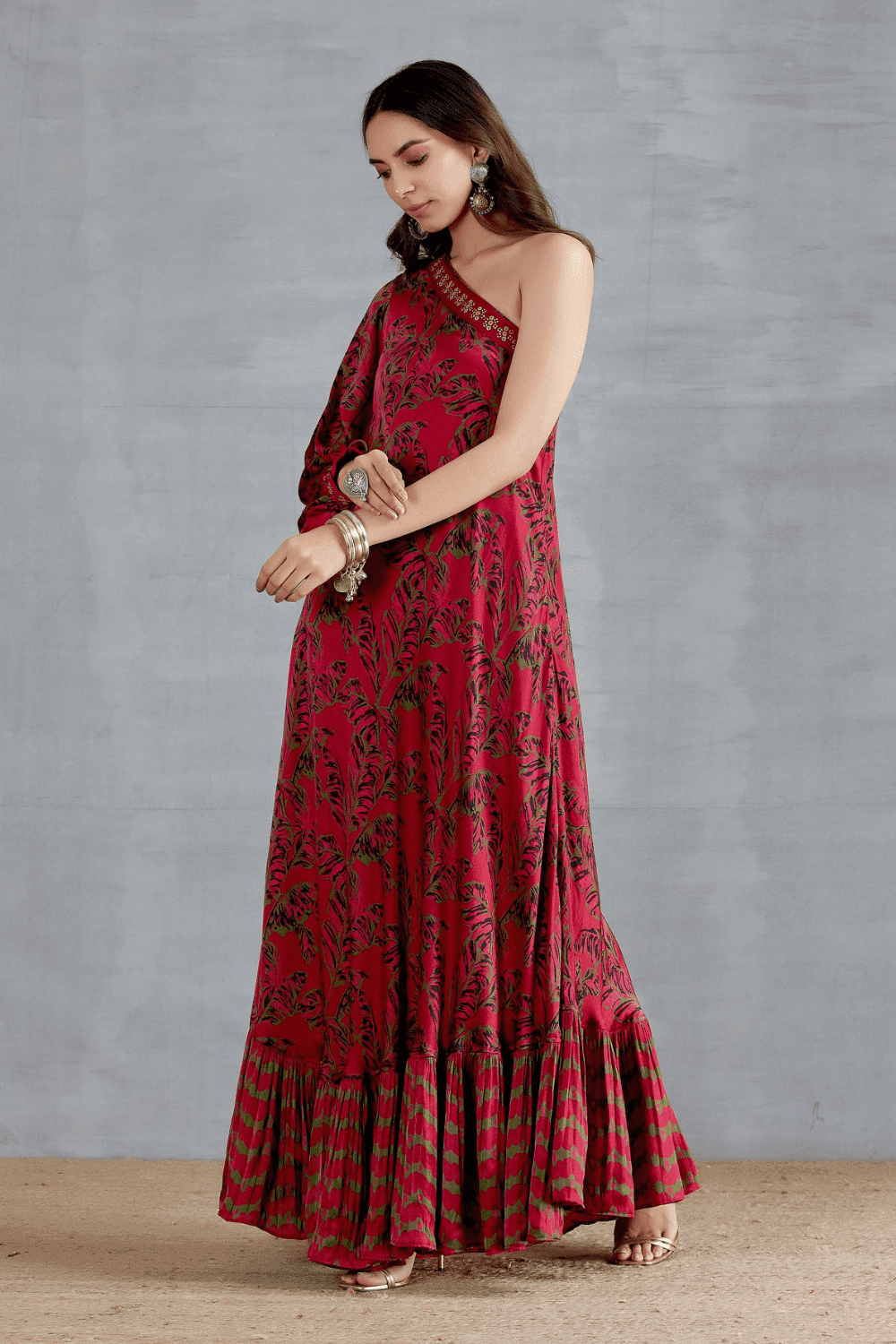 One Sleeve Dress With Coin Work Border