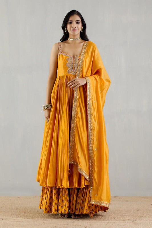 Mustard Strappy Kurta With Printed Gharara And Organza Silk Dupatta