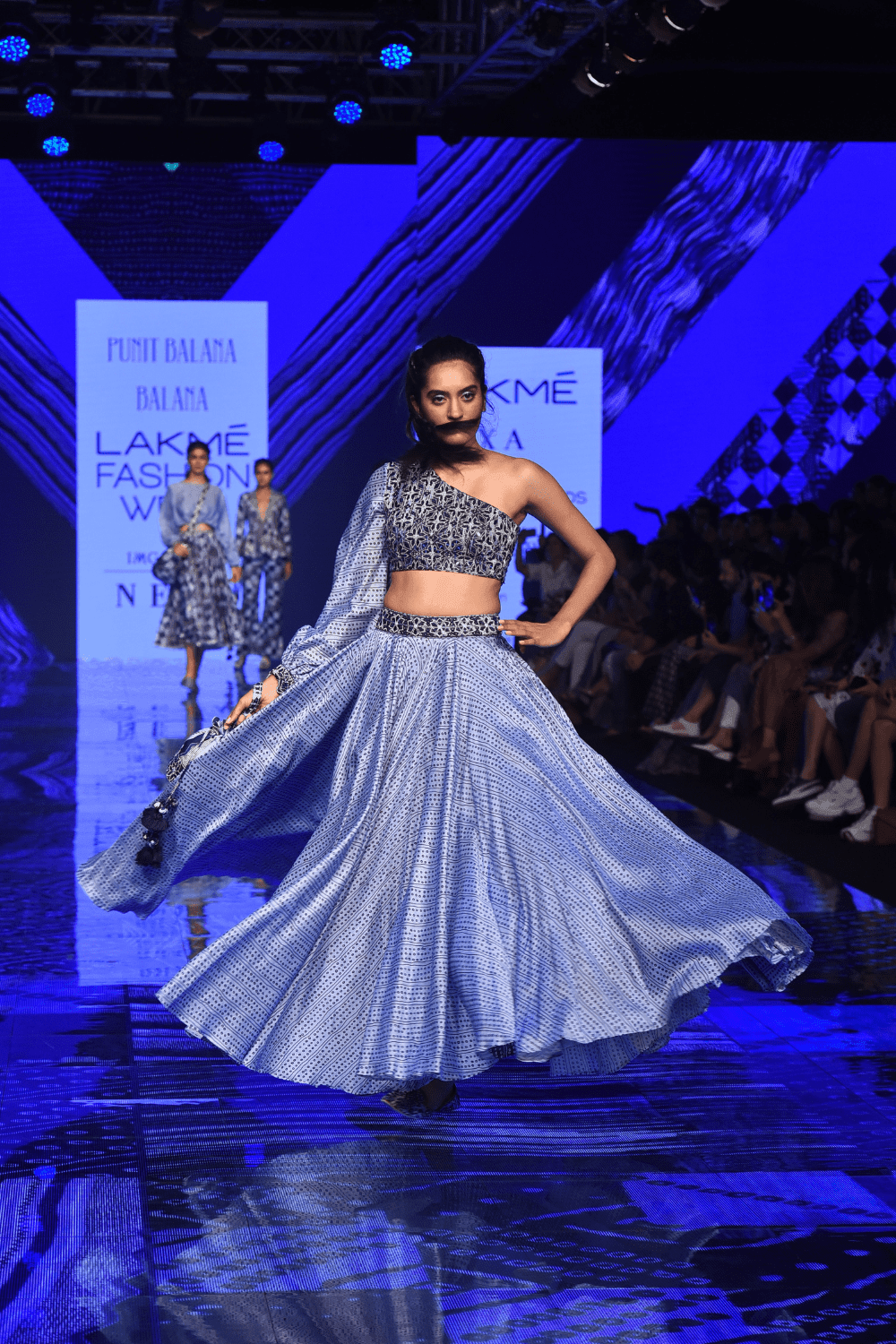 Blue One Sleeve Mirror Work Top & Skirt