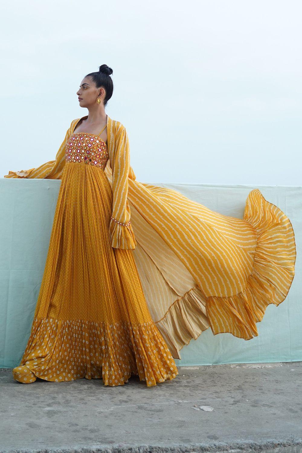 Mustard Yellow Embroidered & Printed Dress With Cape Punit Balana Mustard Yellow Embroidered & Printed Dress With Cape Punit Balana