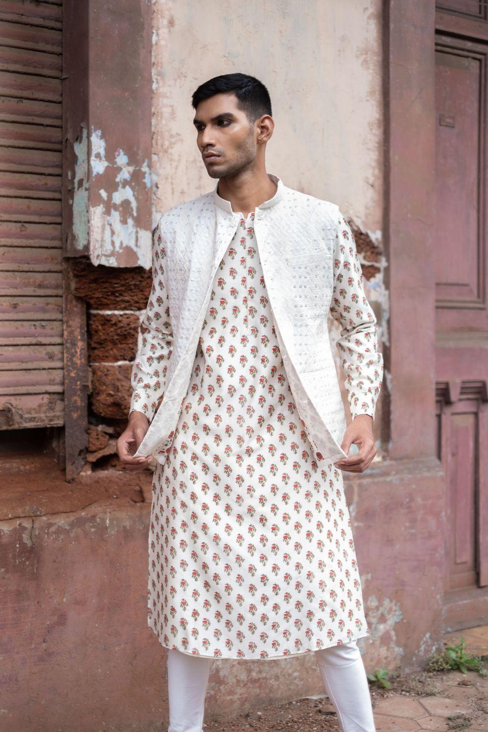 White Printed Kurta With Bandi Churidar