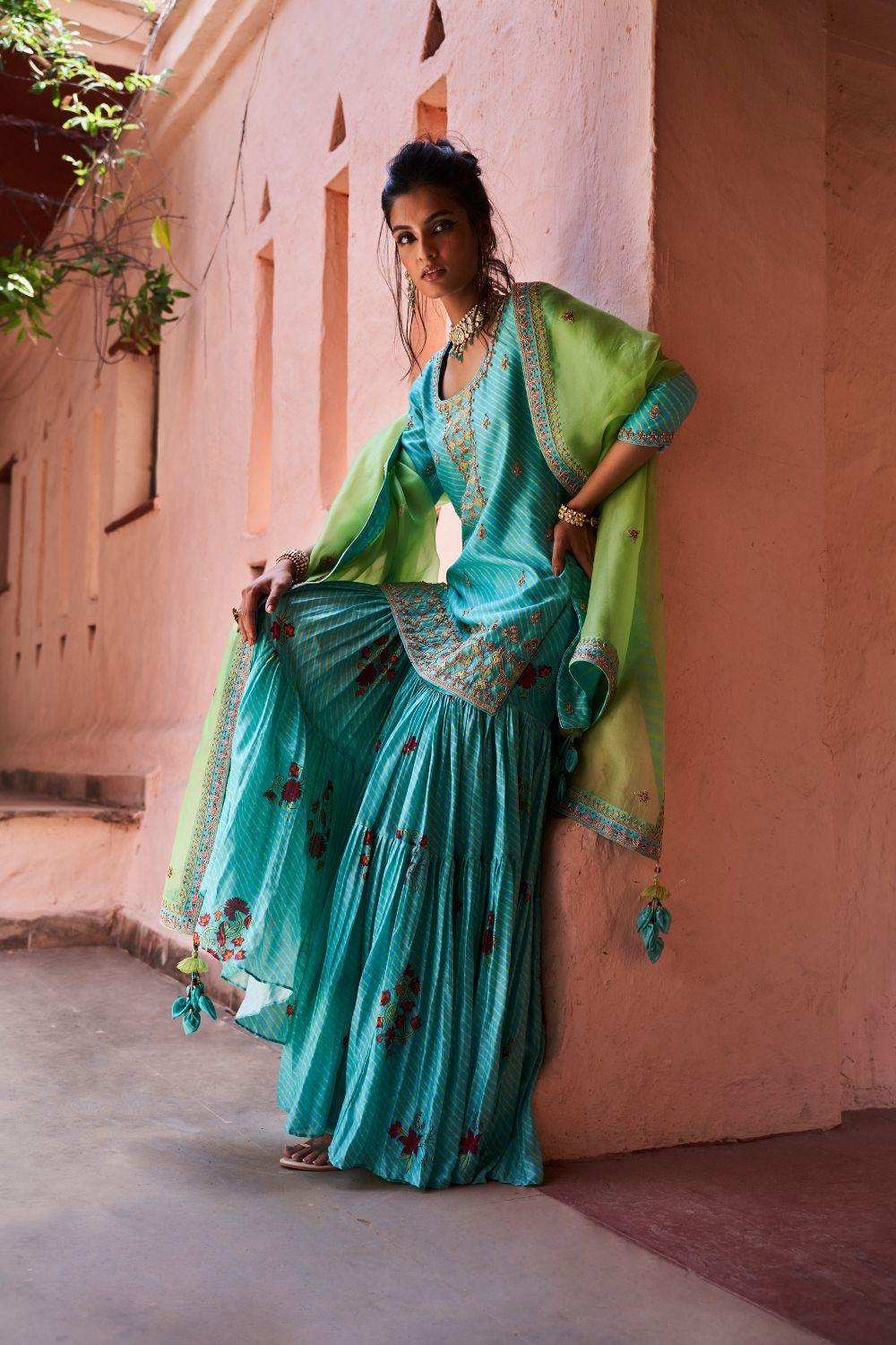Turquoise Silk Chanderi Short Kurti and Gharara Set