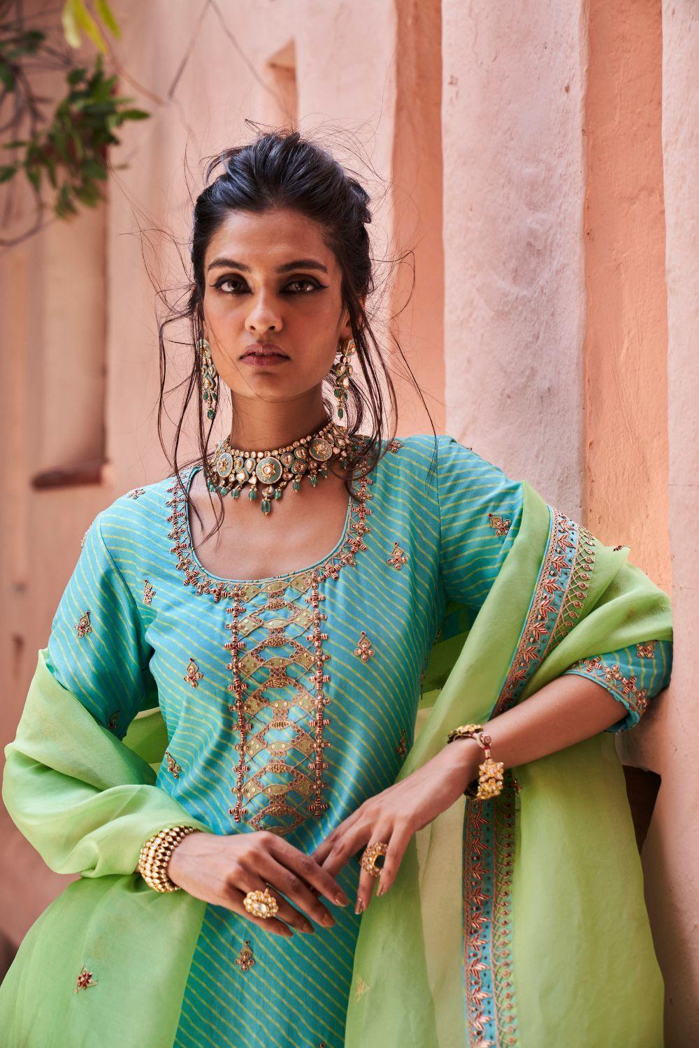 Turquoise Silk Chanderi Short Kurti and Gharara Set