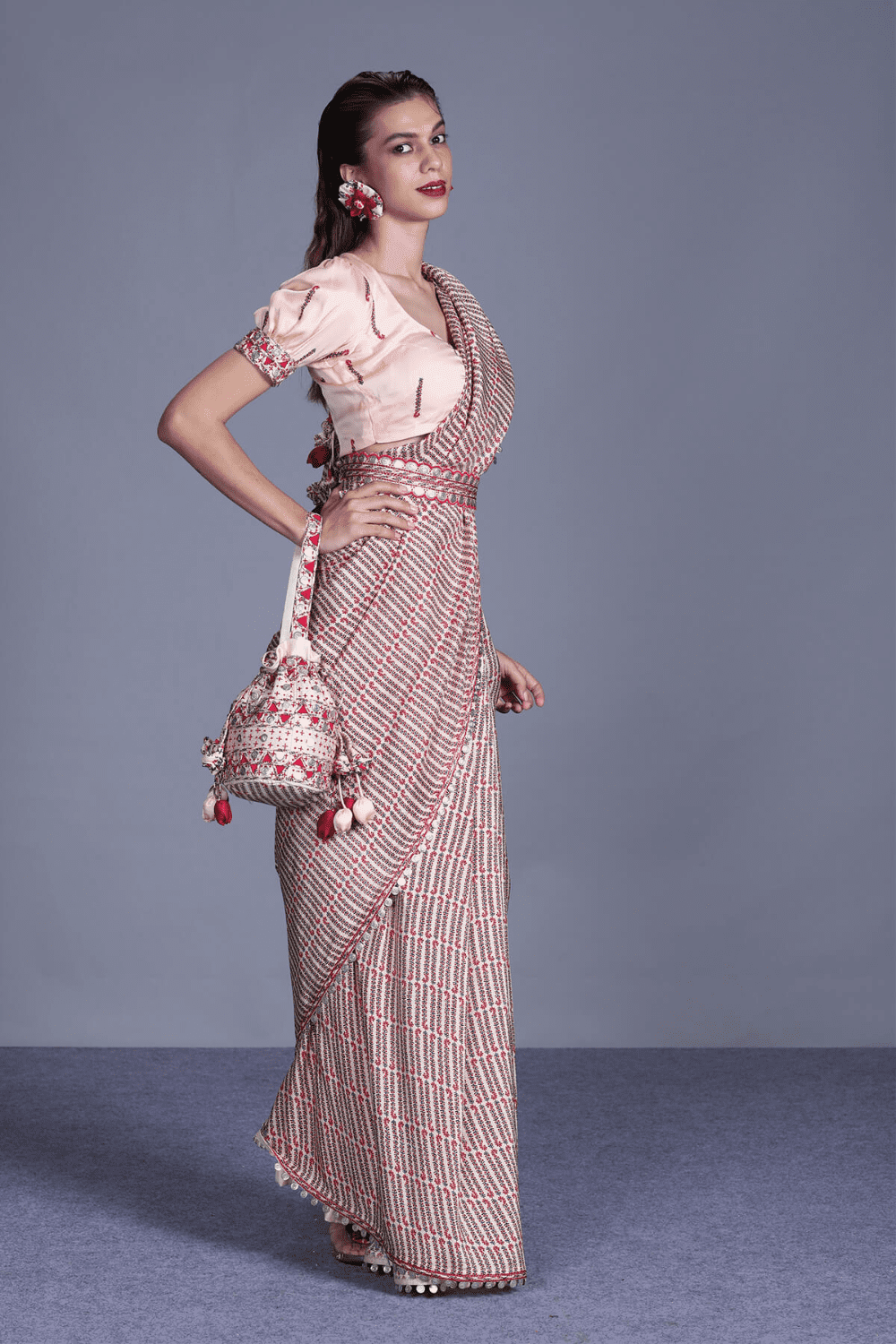 Saree Coin Work Puff Sleeve With Belt