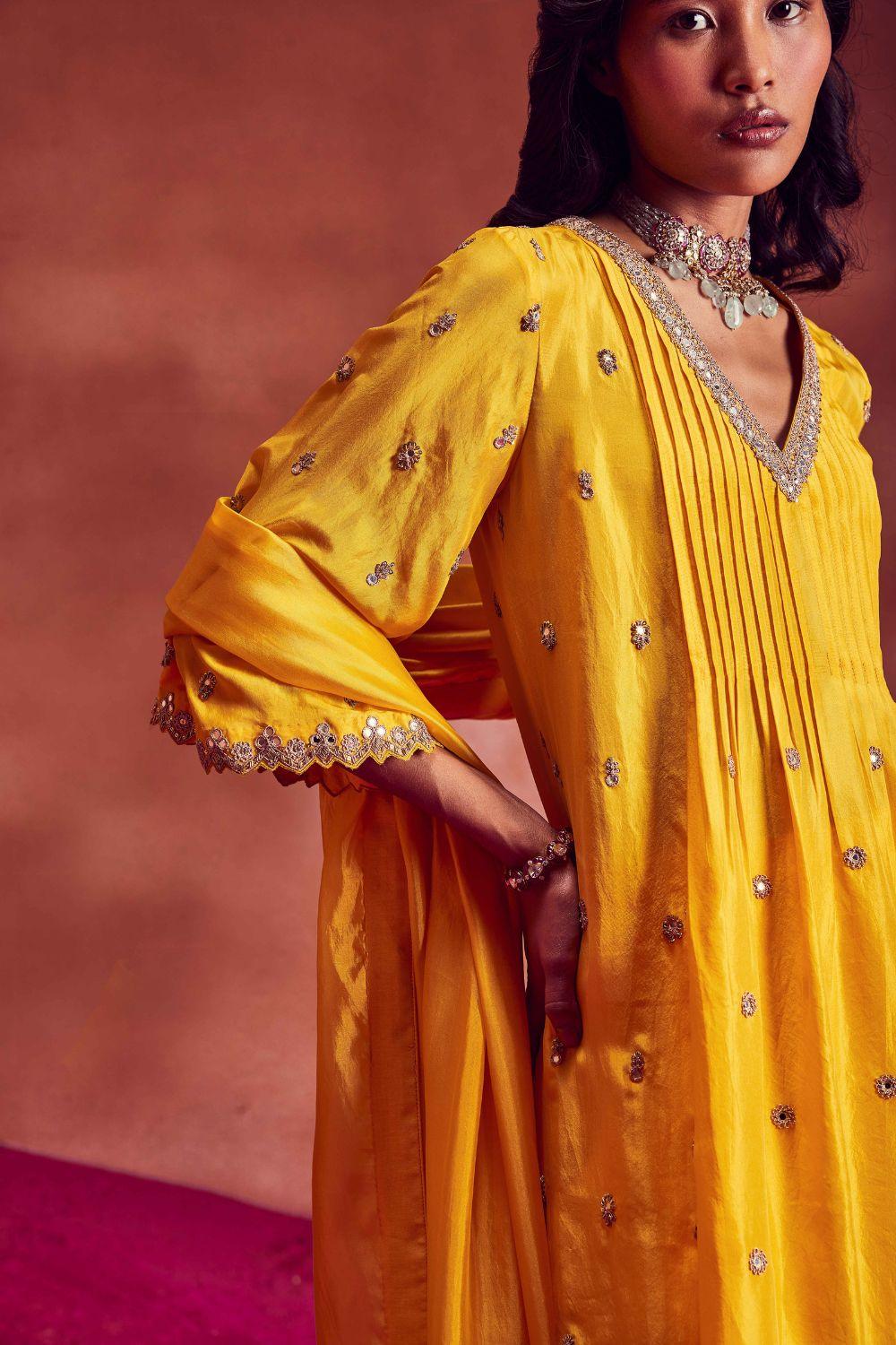 Yellow Silk Anarkali With Pants & Dupatta