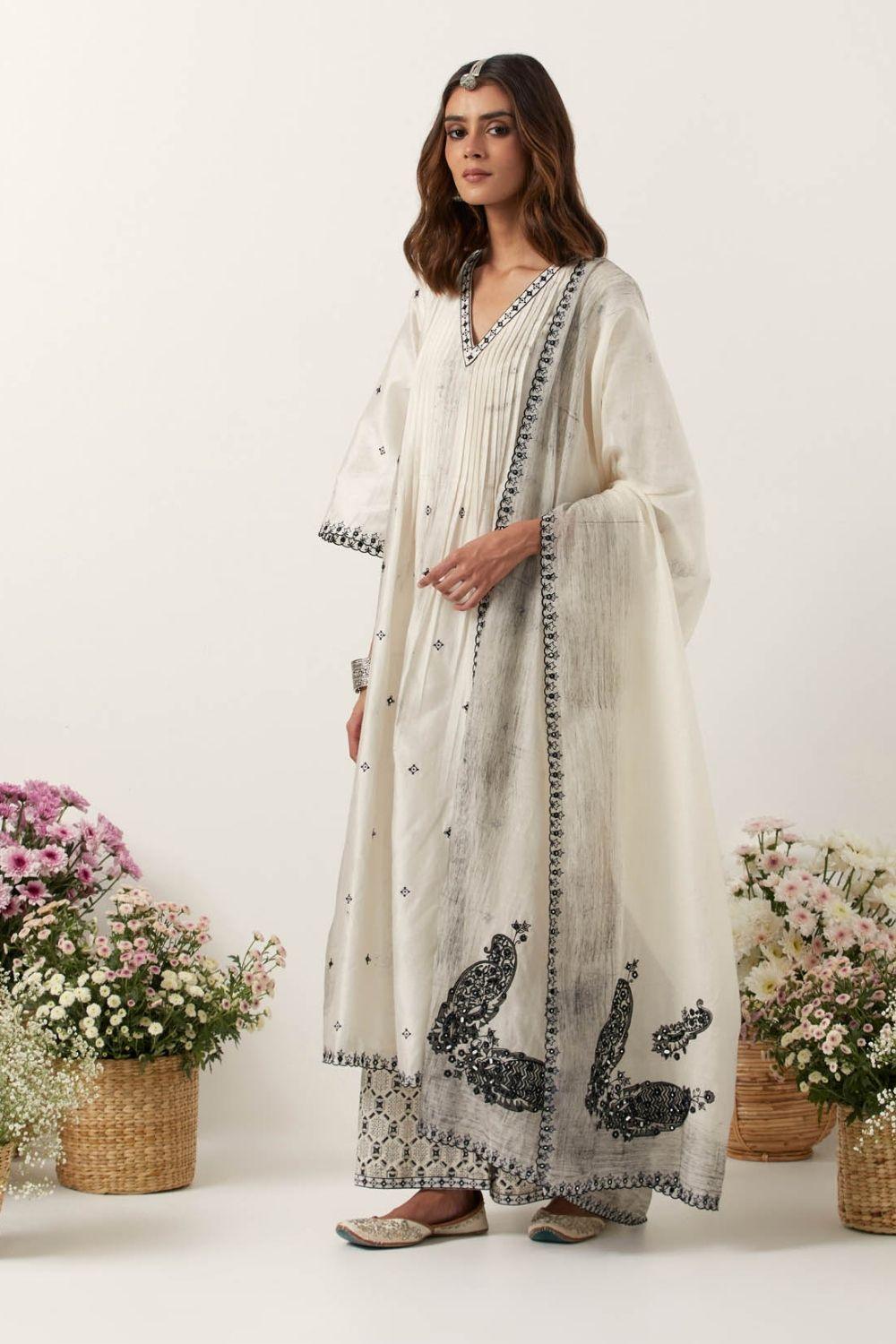 Ivory Anarkali Paired With Pants & Dupatta