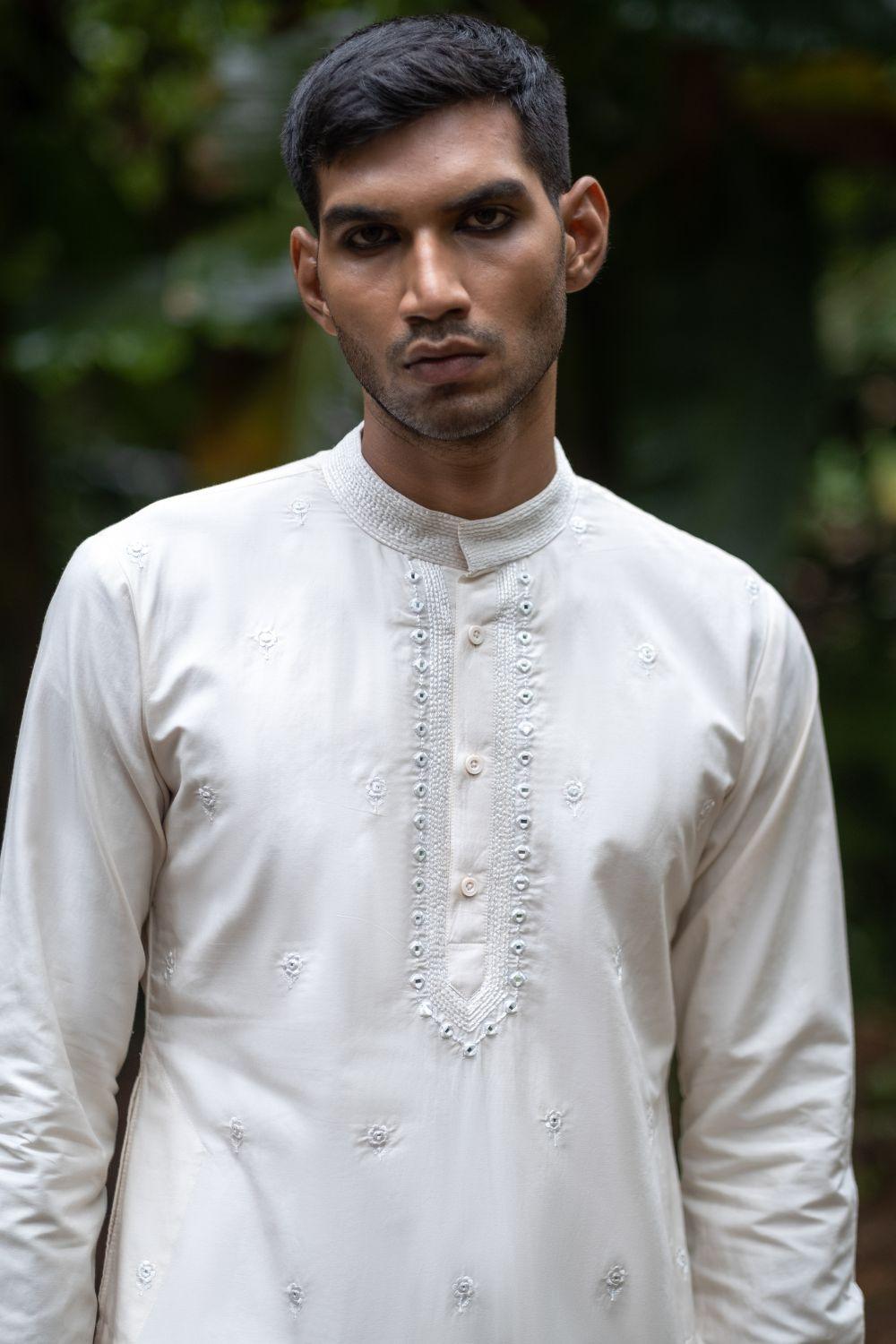 White Chanderi Embellieshed Kurta With Button Patti And Pants Set