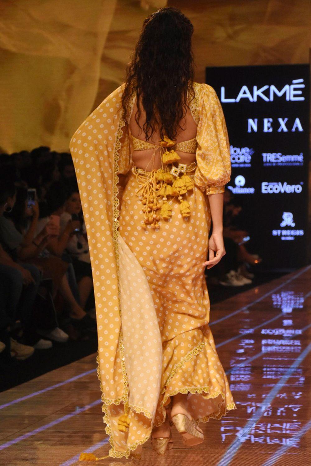 Mustard Printed & Embellished Saree Set