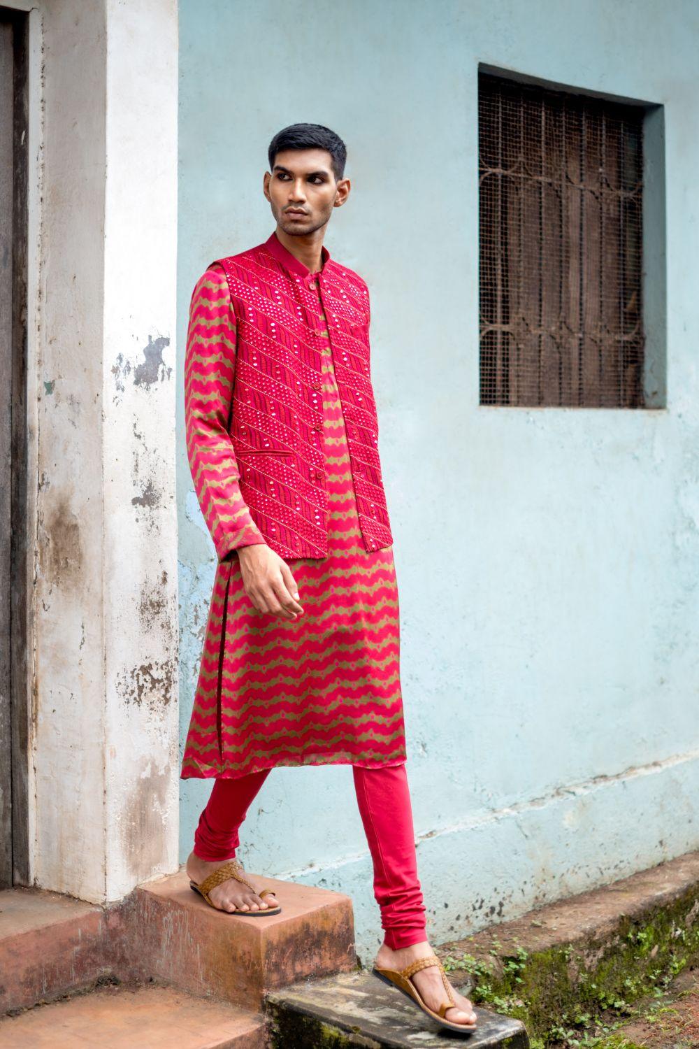 Cherry Red Kurta Churidar With Bandi