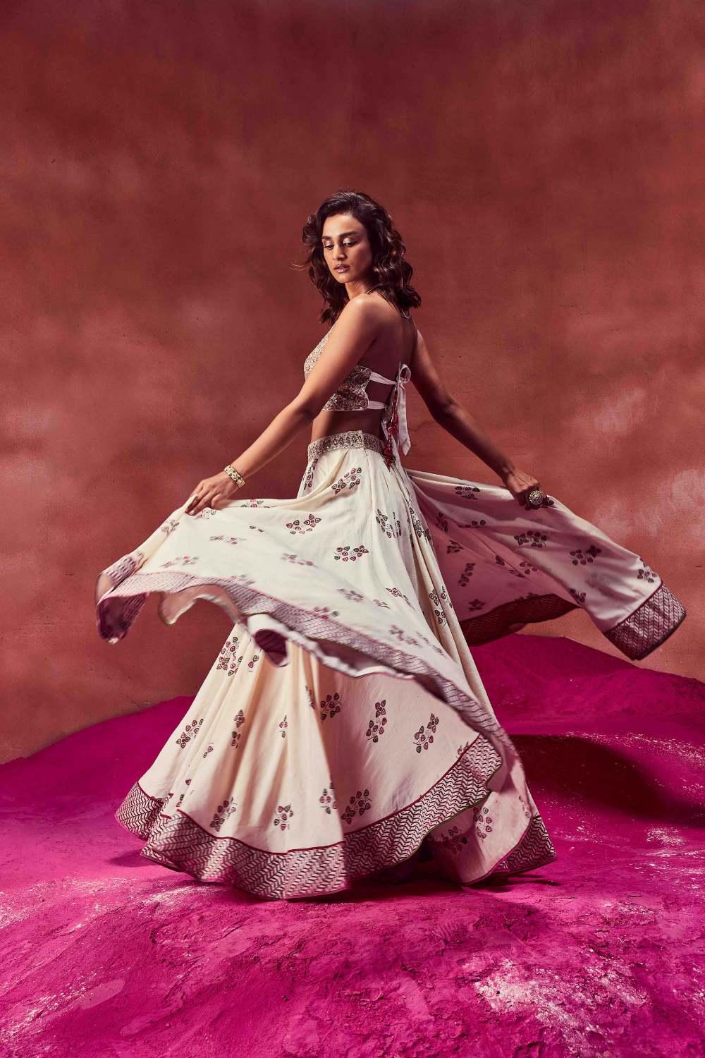 Ivory Halter Neck Blouse With lehenga Set