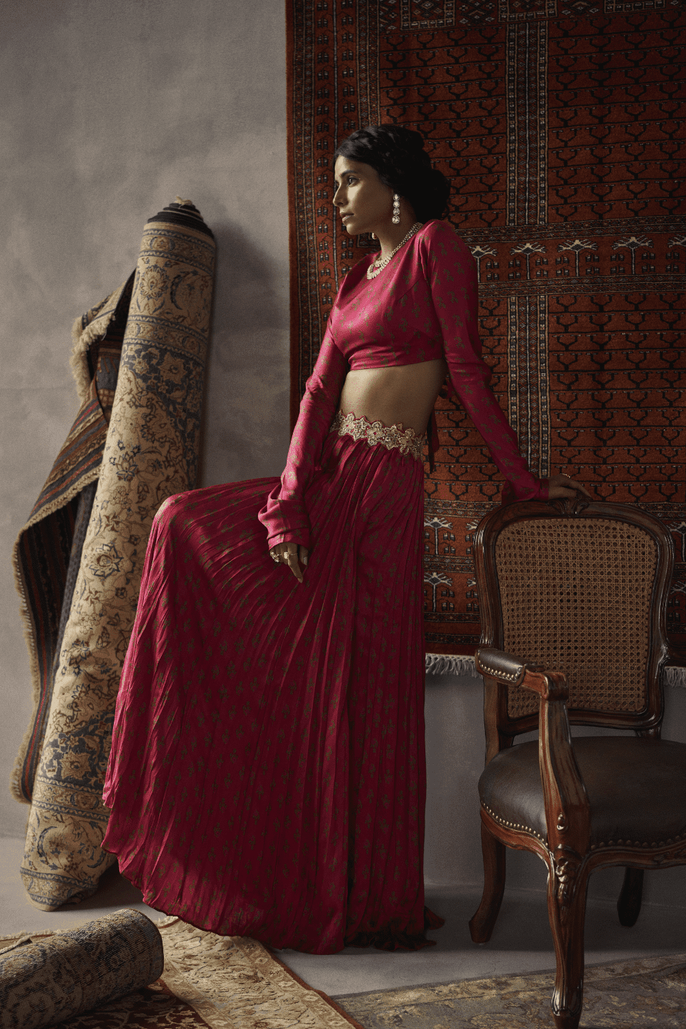 Cherry Red Satin Silk Crop Top And Skirt Set