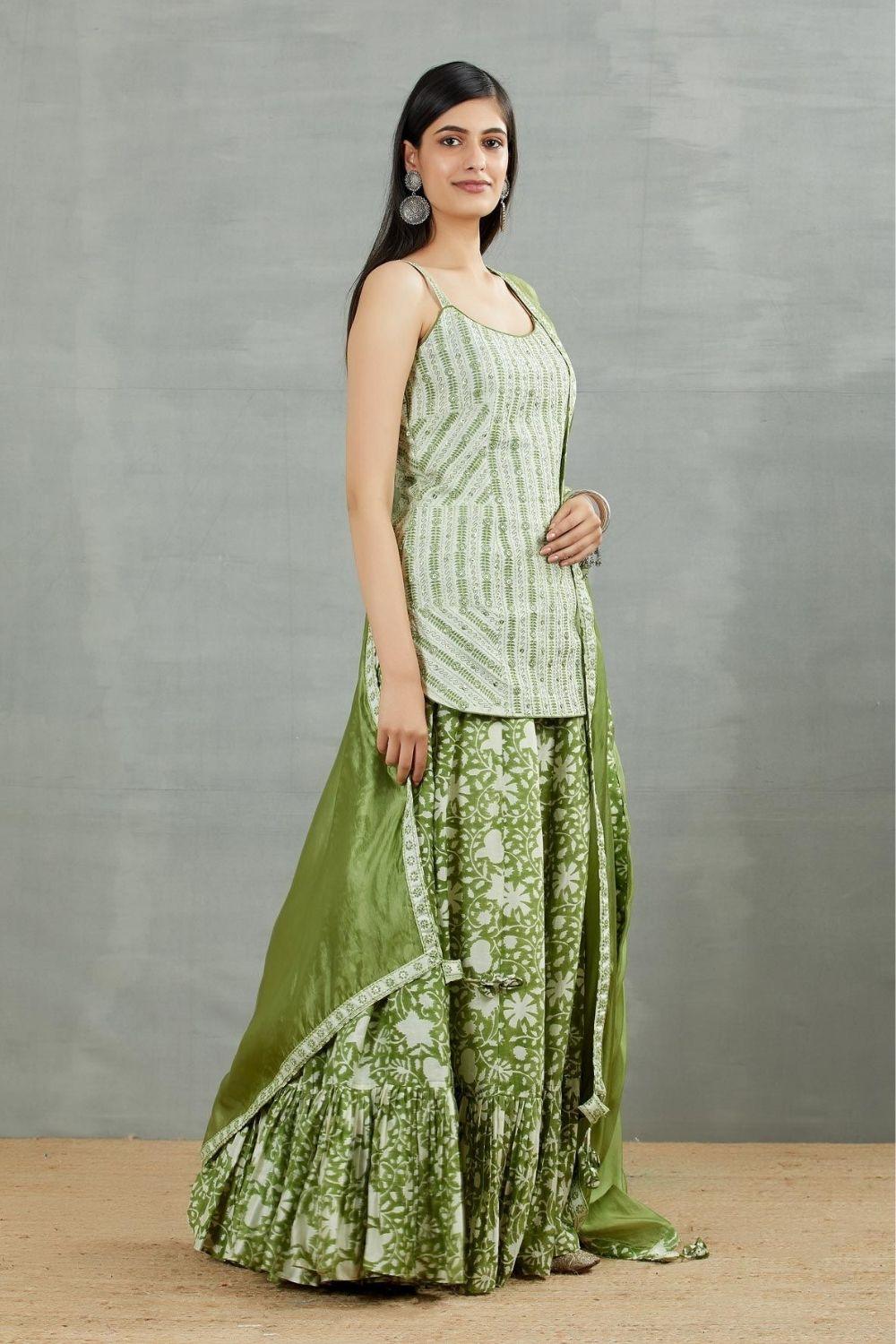 Coin Work Embellished Kurti With Printed Gharara Set