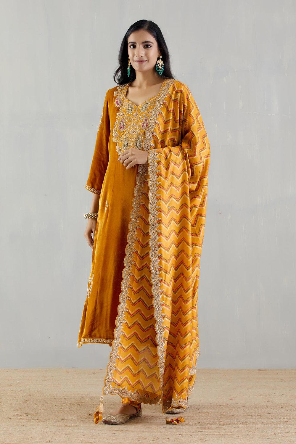 Mustard Velvet Kurta With Printed Dupatta