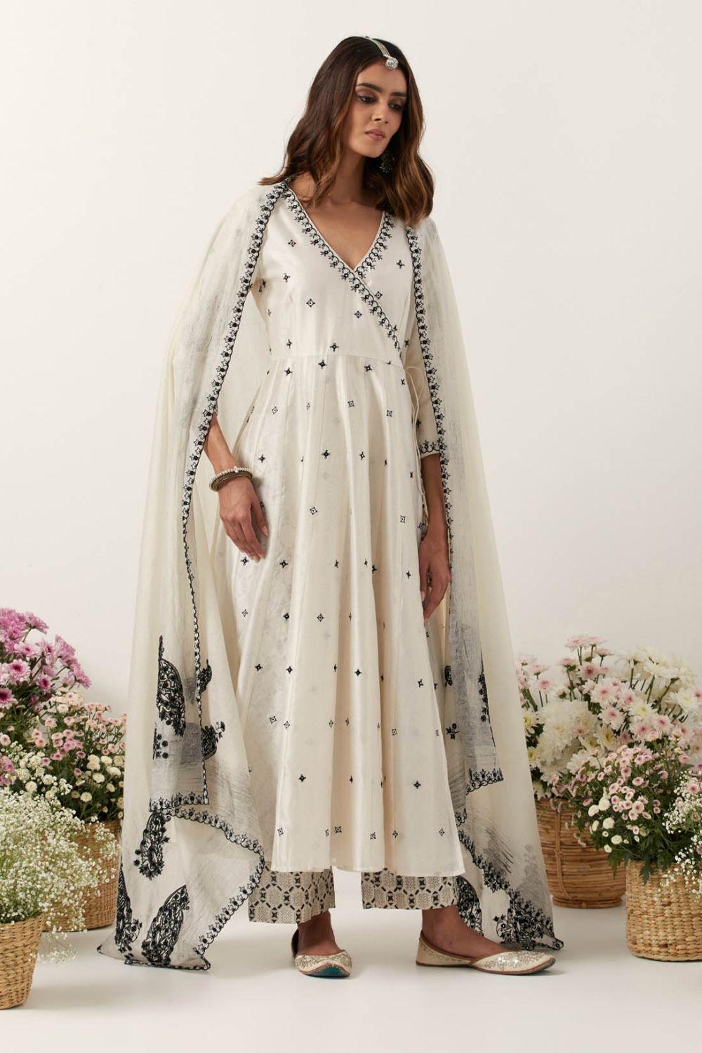 Ivory Mirror & Resham Embroidered Angrakha With Dupatta & Pants