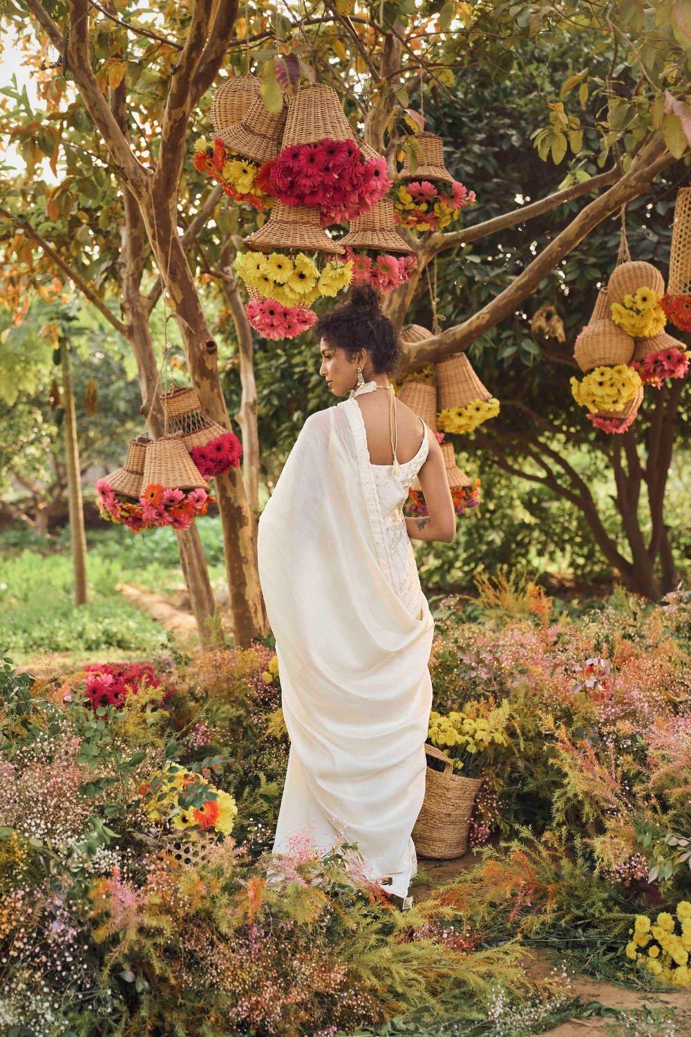 Ivory Organza Silk Saree With Short Kurti