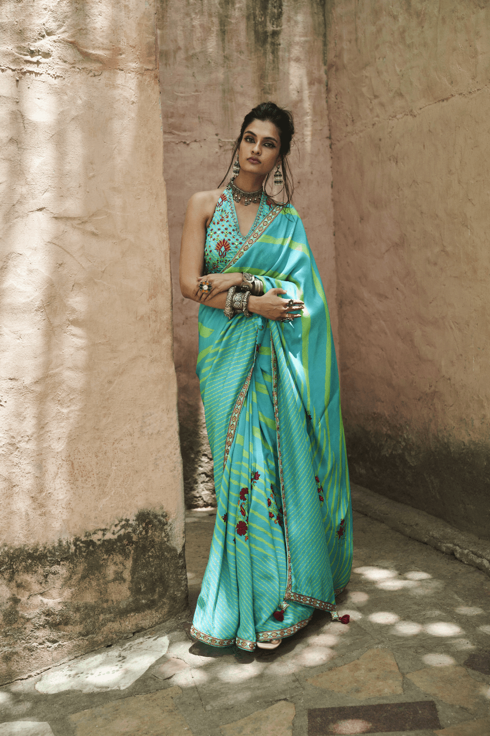 Turquoise Satin Silk Printed Saree
