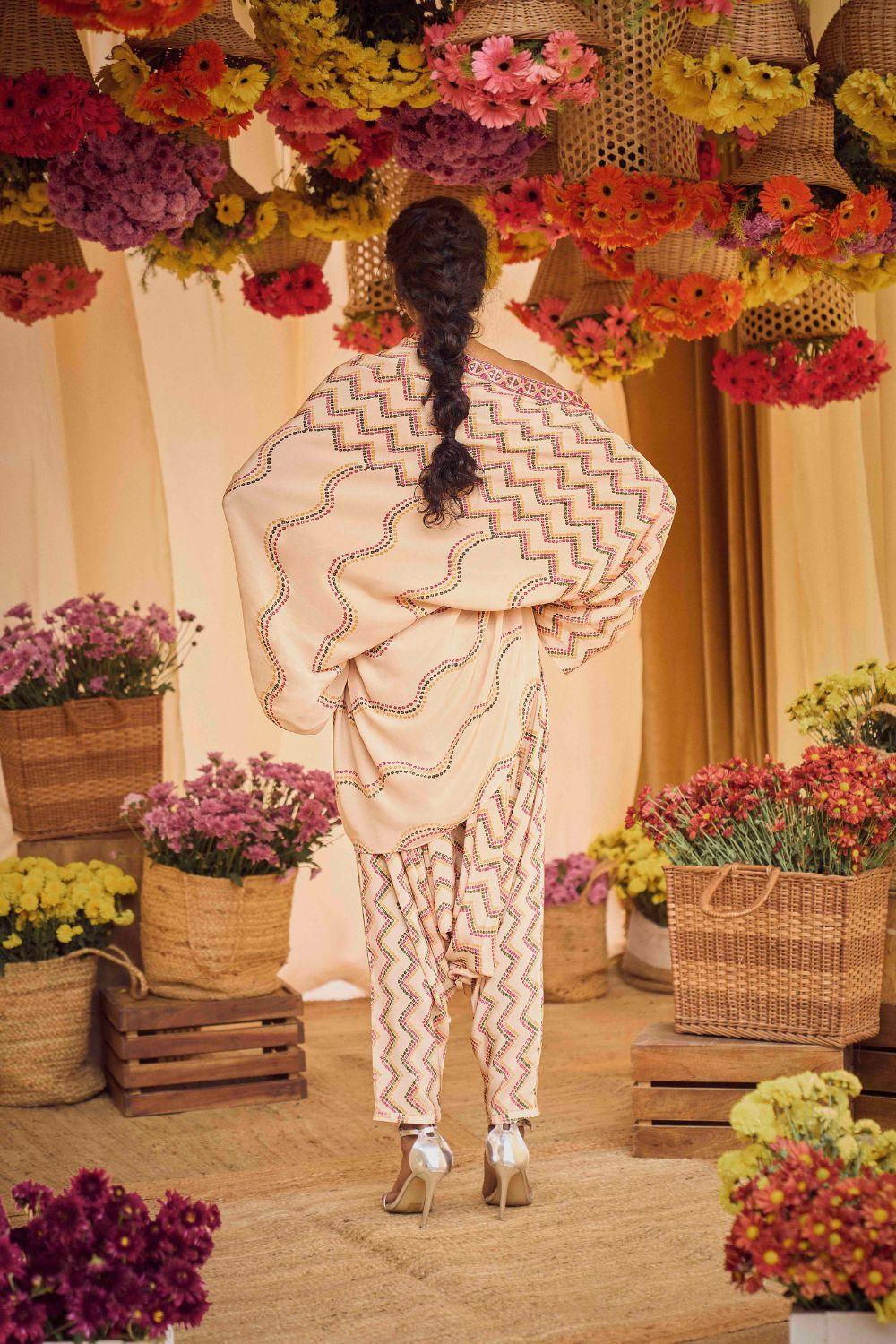 Blush Pink Printed Tunic With Cowl Pants