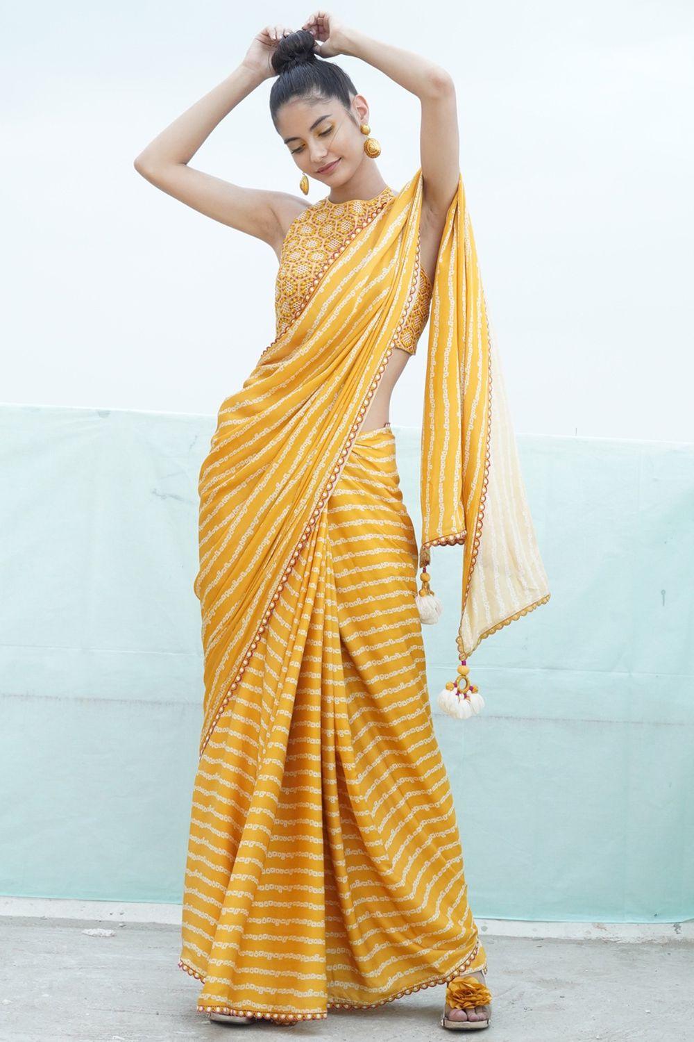 Mustard Yellow Embroidered & Printed Saree Set With Cape