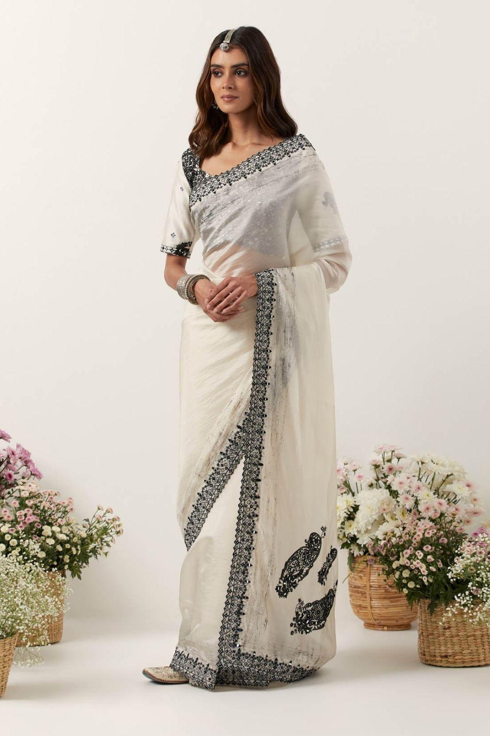 Ivory Printed Resham & Mirror Work Saree Set