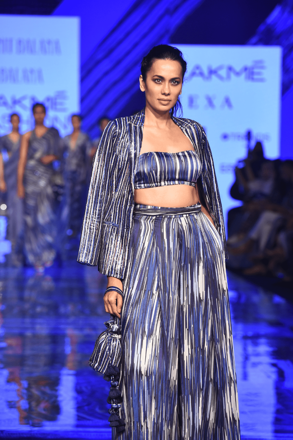 Blue Sequence Work Jacket With Bralette & Wide Legged Pants
