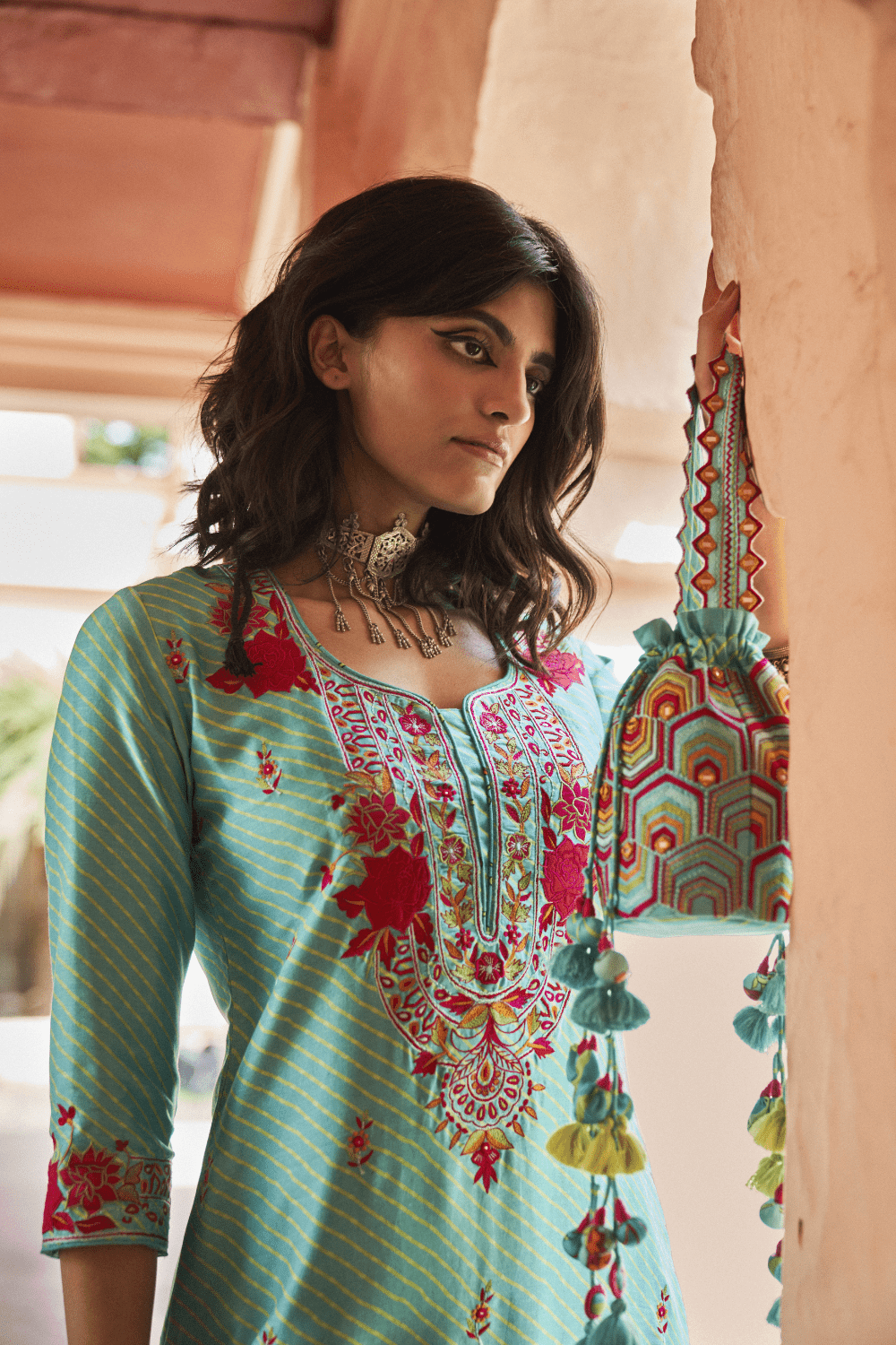 Turquoise Silk Chanderi Kurta Set