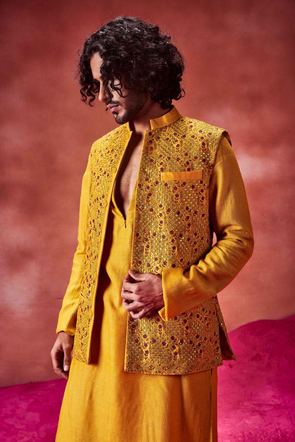 Yellow Kurta andEmrboidered Bundi Set