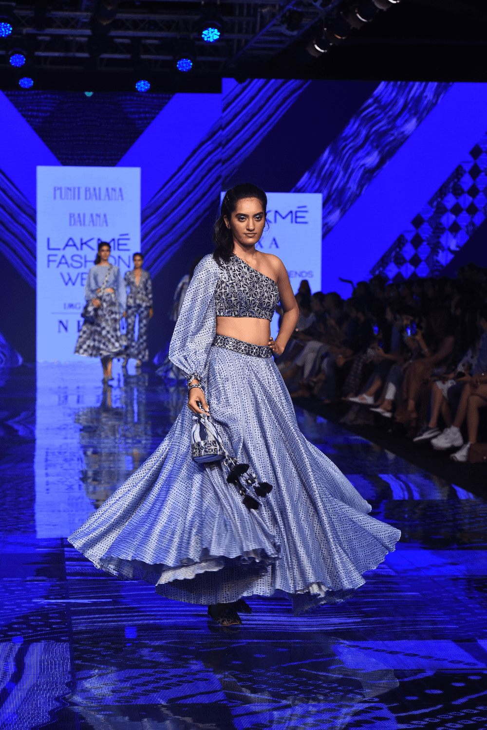 Blue One Sleeve Mirror Work Top & Skirt