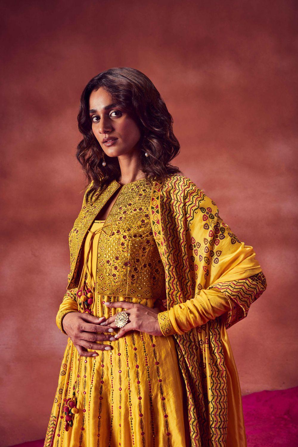 Yellow Resham Work Anarkali Paired With Jacket & Churidar