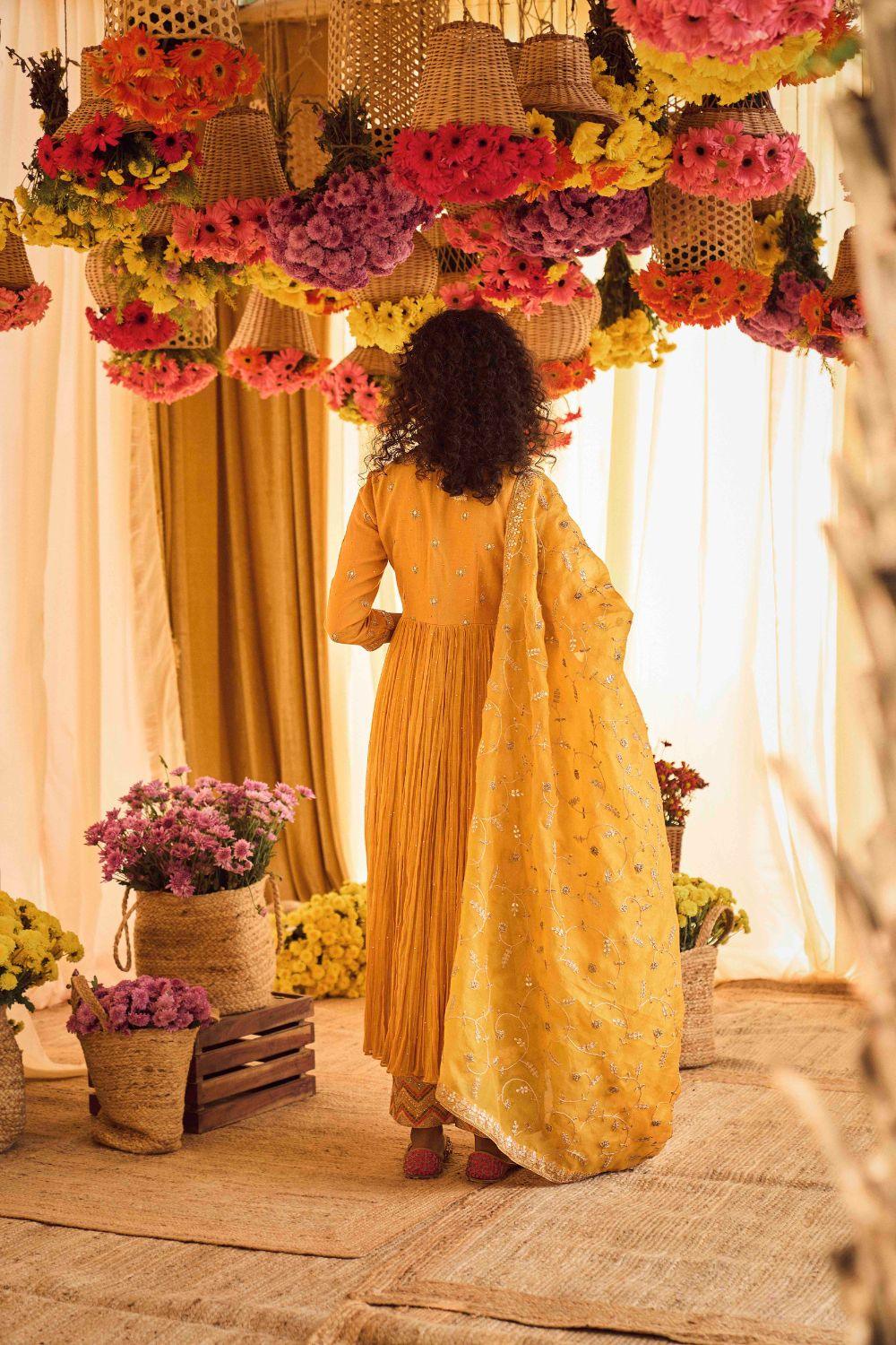 Mustard Anarkali With Heavy Organza Silk Dupatta And Chudidar