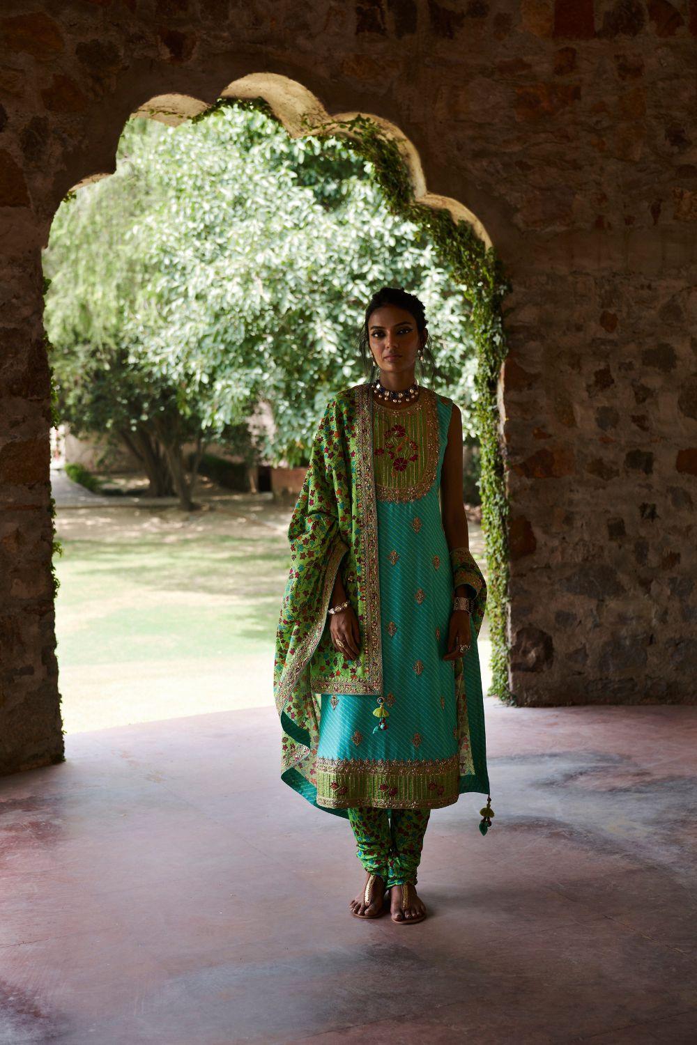 Turquoise Silk Chanderi Kurta Set