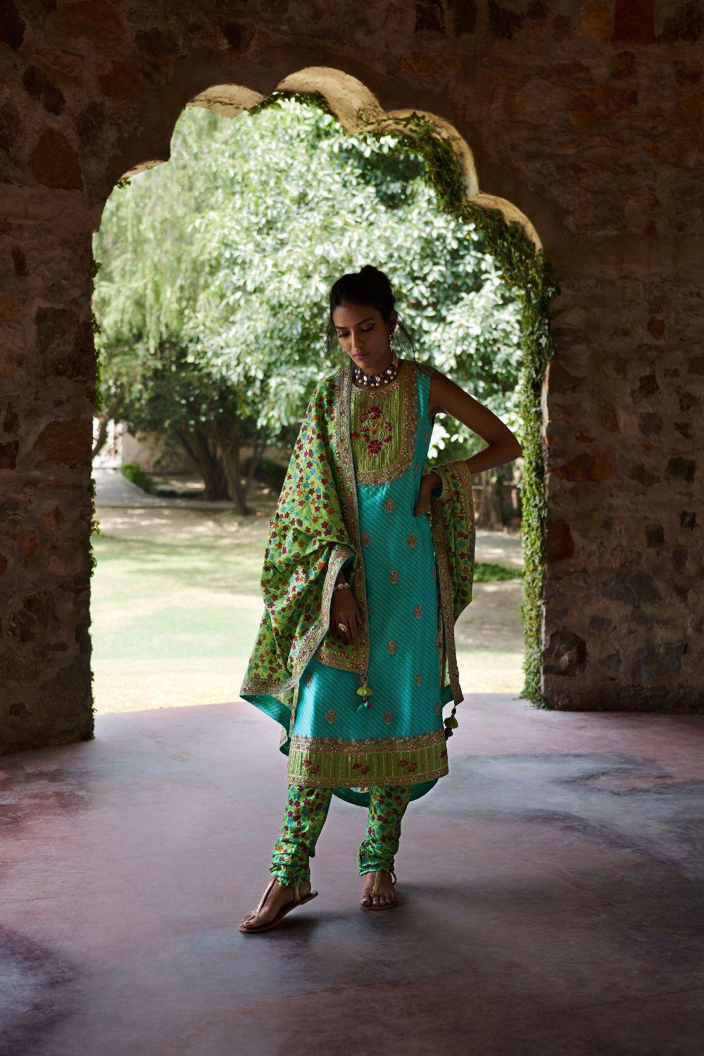 Turquoise Silk Chanderi Kurta Set