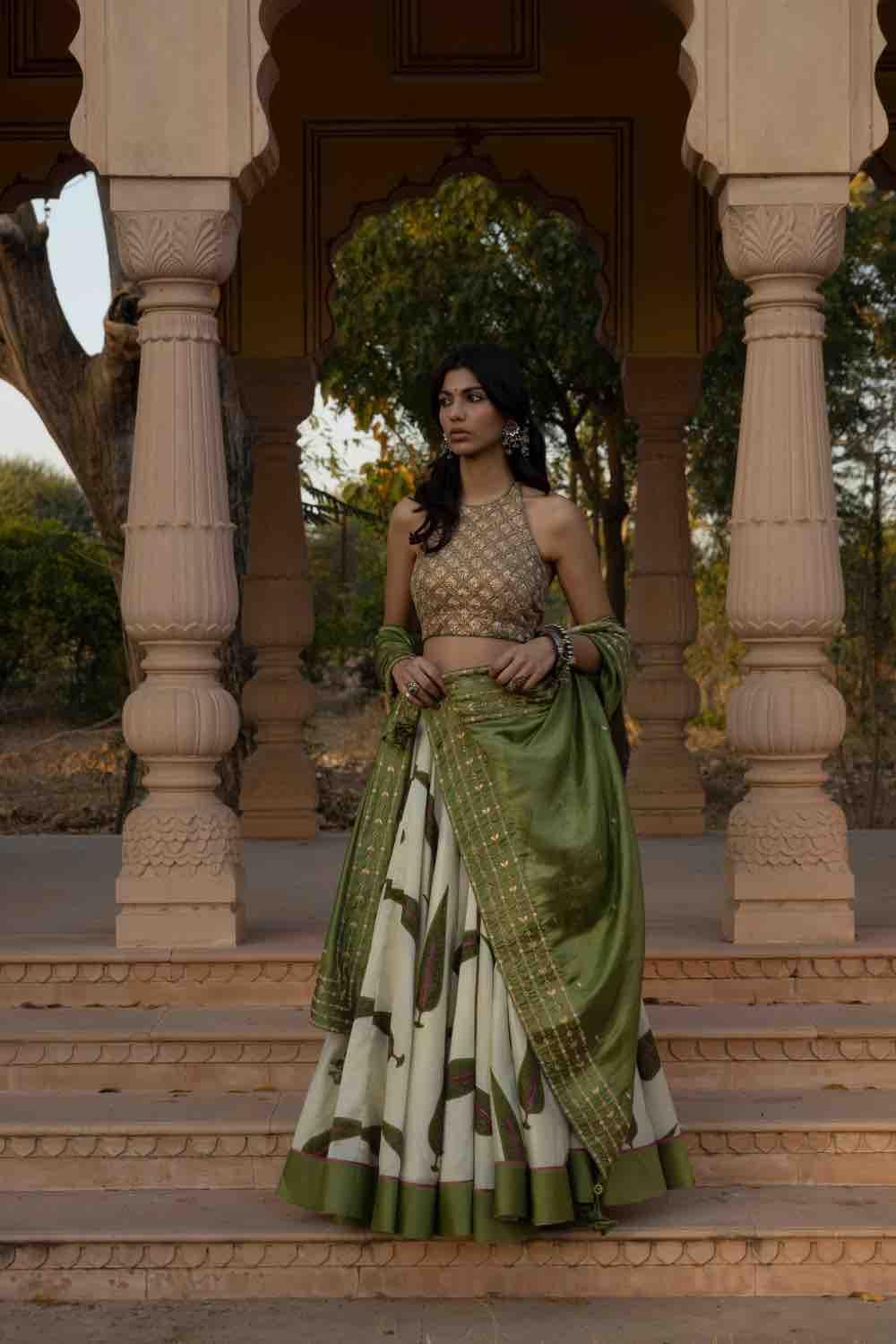 Marodi Work Leaf Print Lehenga Set
