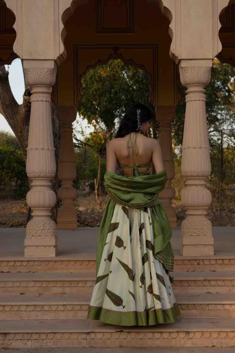 Marodi Work Leaf Print Lehenga Set