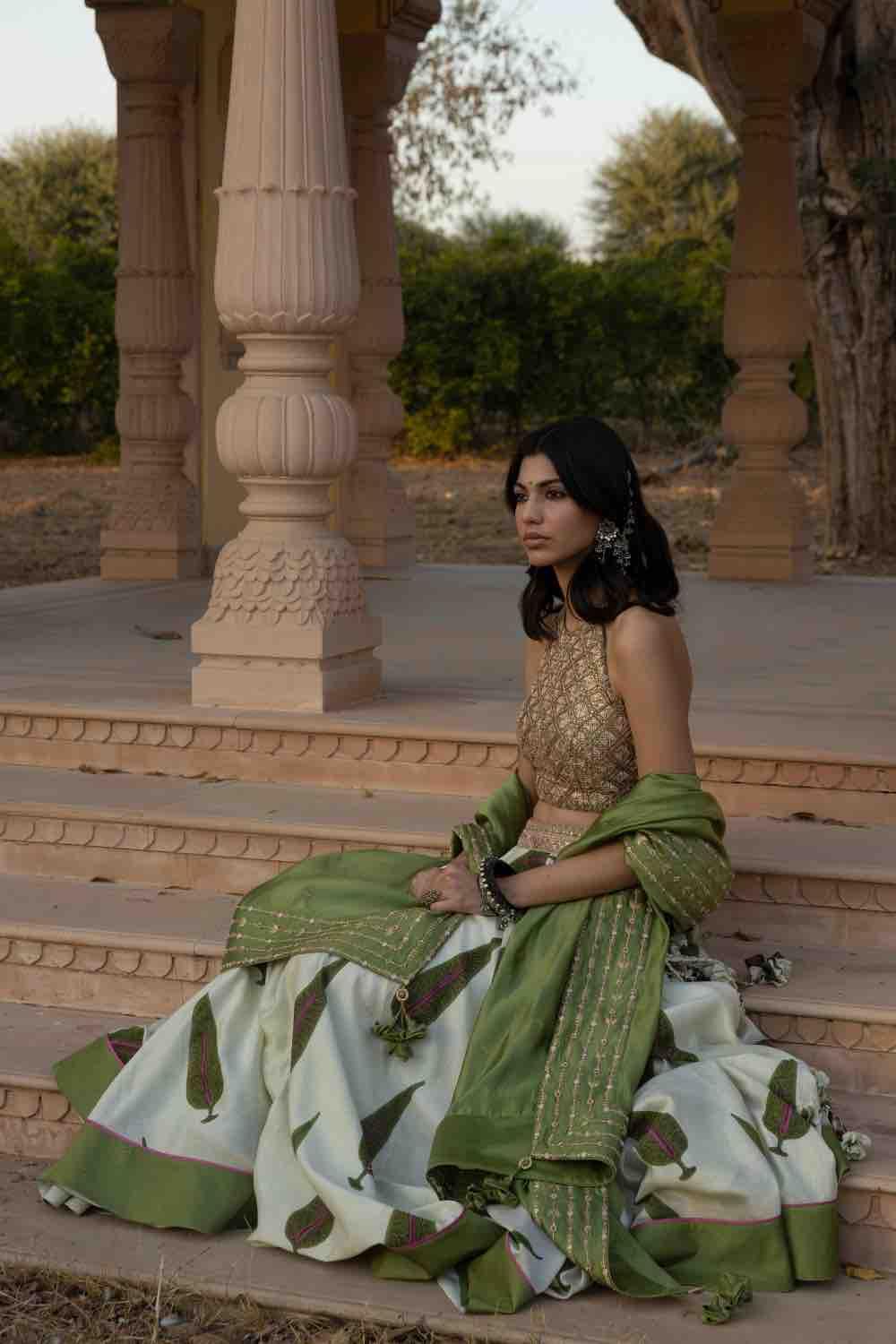 Marodi Work Leaf Print Lehenga Set