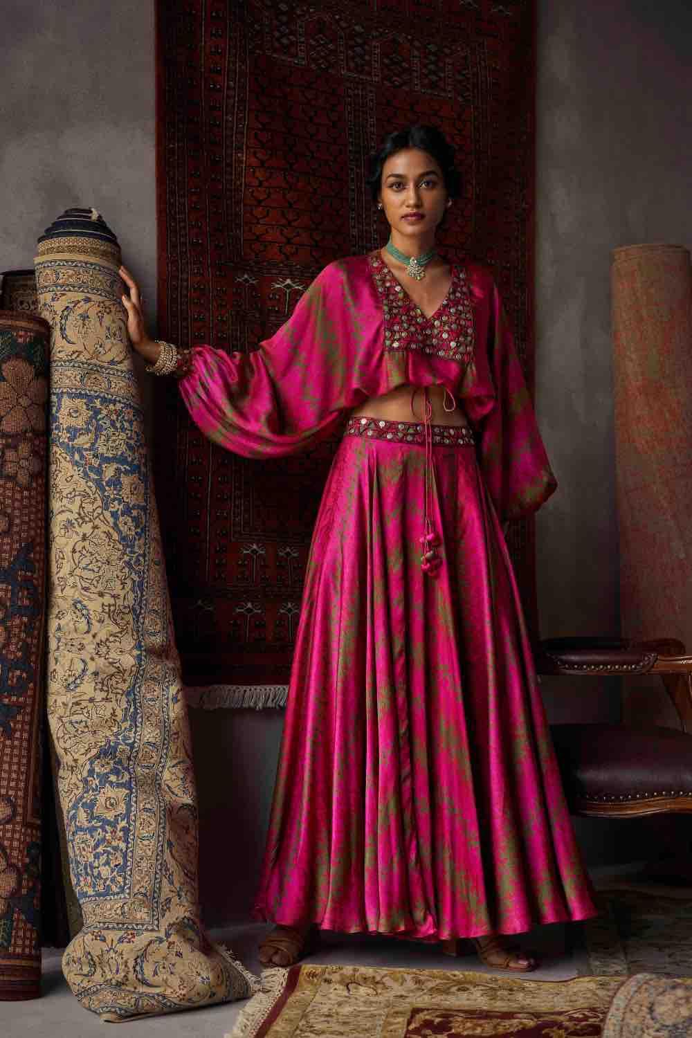 Cherry Red Satin Silk Coin Work Loose Top And Skirt Set