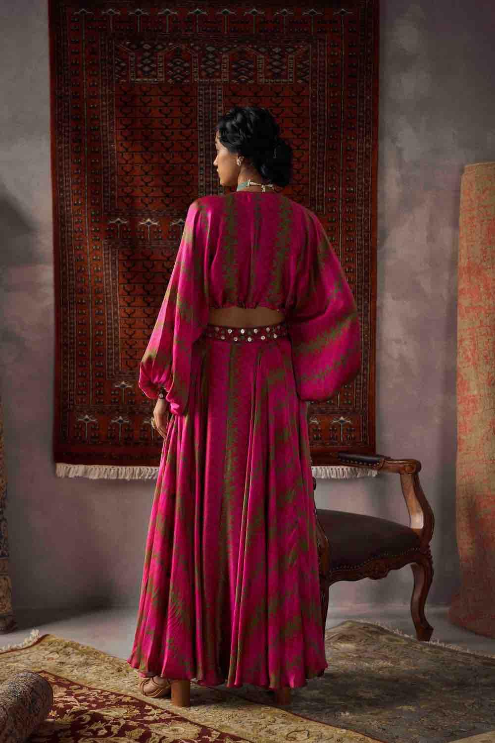 Cherry Red Satin Silk Coin Work Loose Top And Skirt Set