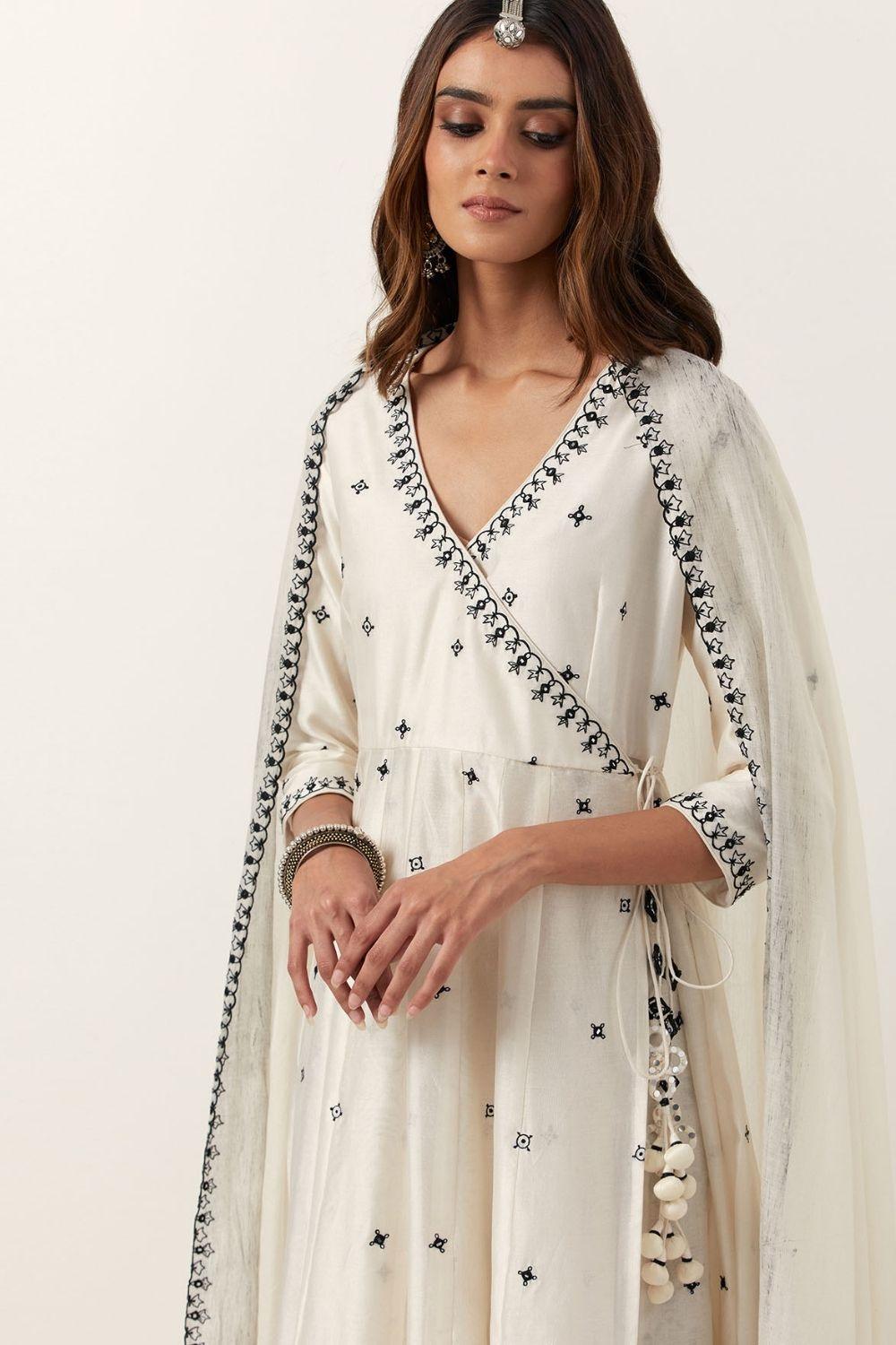 Ivory Mirror & Resham Embroidered Angrakha With Dupatta & Pants